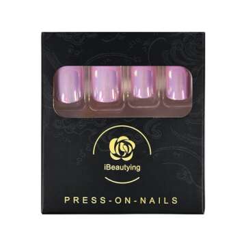 iBeautying Press on Nails - Metallic Mirror Purple Pink False Nails | Punk Metal Chrome Finish Short Reusable Fake Nails in 10 Sizes - 24 Nail Kit with Jelly Glue Pad