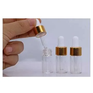 15Pcs Glass Essential Oil Dropper Bottles Clear Mini 1ml/2ml/3ml Perfume Dropping Bottle Cosmetic Sample Vials with Gold Cap and White Latex