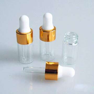 15Pcs Glass Essential Oil Dropper Bottles Clear Mini 1ml/2ml/3ml Perfume Dropping Bottle Cosmetic Sample Vials with Gold Cap and White Latex