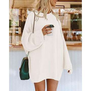 BTFBM 2025 Womens Sweaters Casual Crewneck Long Sleeve Oversized Sweater Dress Fall Winter Loose Slouchy Soft Pullover(Solid White, Small)