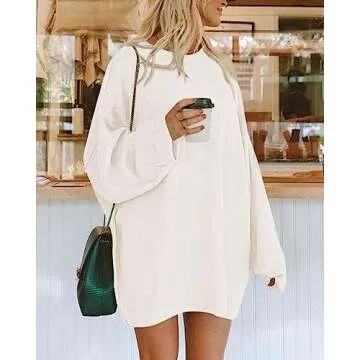 BTFBM 2025 Womens Sweaters Casual Crewneck Long Sleeve Oversized Sweater Dress Fall Winter Loose Slouchy Soft Pullover(Solid White, Small)