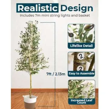 Keficor Artificial Olive Tree 7 ft - Realistic Potted Faux Olive Tree 7ft With Lights, Artificial Tree for Indoor Home Decor, Olive Trees Artificial Indoor Tall Fake Tree, 7 Foot Artificial Olive Tree