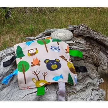 Baby Sensory Crinkle & Teething Square Lovey Toy with Closed Ribbon Tags for Increased Stimulation: 8"X8" (Forest Animals)