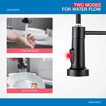 WEWE Faucet for Kitchen Sink, Kitchen Faucet Black Stainless Steel Commercial Spring Kitchen Faucet with Pull Down Sprayer, One Hole or 3 Hole Kitchen Faucet for RV Outdoor Farmhouse Camper Bar Sinks