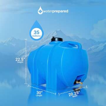 WaterPrepared 35 Gallon Water Storage Tank Emergency Water Barrel Container with Large Lid for Emergency Disaster Preparedness - Space Saving Long Lasting Storage - BPA Free (Blue)