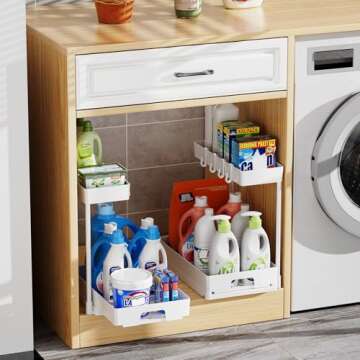 Delamu 2 Pack Under Sink Organizers and Storage, 2 Tier Pull Out Bathroom Cabinet Organizer, L-Shape White Under Bathroom Kitchen Sink Organizer with Drawer for Under Sink Storage Organizer