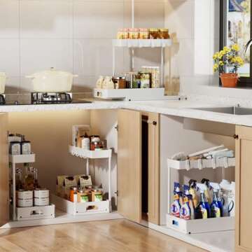 Delamu 2 Pack Under Sink Organizers and Storage, 2 Tier Pull Out Bathroom Cabinet Organizer, L-Shape White Under Bathroom Kitchen Sink Organizer with Drawer for Under Sink Storage Organizer