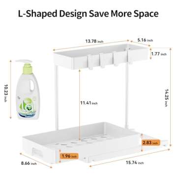 Delamu 2 Pack Under Sink Organizers and Storage, 2 Tier Pull Out Bathroom Cabinet Organizer, L-Shape White Under Bathroom Kitchen Sink Organizer with Drawer for Under Sink Storage Organizer