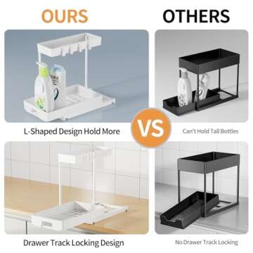 Delamu 2 Pack Under Sink Organizers and Storage, 2 Tier Pull Out Bathroom Cabinet Organizer, L-Shape White Under Bathroom Kitchen Sink Organizer with Drawer for Under Sink Storage Organizer