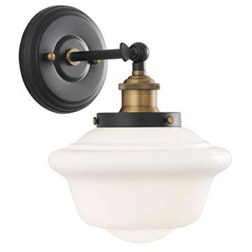Linea 1 Light Bathroom Vanity Light - Lavagna Schoolhouse Light Fixture - Black with Milk Glass Shade Wall Sconce, UL Listed