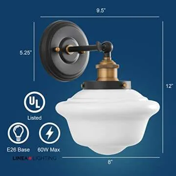 Linea 1 Light Bathroom Vanity Light - Lavagna Schoolhouse Light Fixture - Black with Milk Glass Shade Wall Sconce, UL Listed