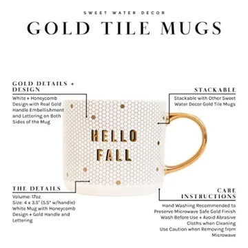 Stylish Hello Fall Tile Coffee Mug with Gold Handle