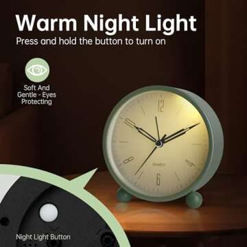 Analog Alarm Clock, 4 inch Super Silent Non Ticking Small Clock with Night Light, Battery Operated, Simple Design, Old Fashioned Style Ideal Decor, for Bedroom, Bedside, Desk, Adult, Kid, Gift, Green