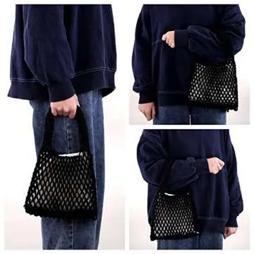 Ayliss Women Mini Clutch Handbag Tote Cotton Crochet Bucket Top-handle Drawstring Beach Woven Fishing Net Pouch Purse (Black)