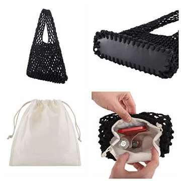 Ayliss Women Mini Clutch Handbag Tote Cotton Crochet Bucket Top-handle Drawstring Beach Woven Fishing Net Pouch Purse (Black)
