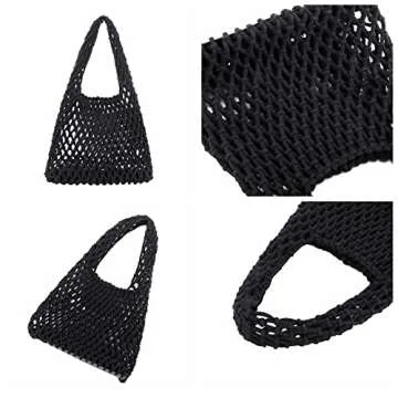 Ayliss Women Mini Clutch Handbag Tote Cotton Crochet Bucket Top-handle Drawstring Beach Woven Fishing Net Pouch Purse (Black)
