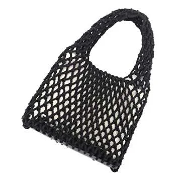 Ayliss Women Mini Clutch Handbag Tote Cotton Crochet Bucket Top-handle Drawstring Beach Woven Fishing Net Pouch Purse (Black)