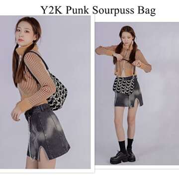 FONETTOS Punk Bag, Sourpuss Gothic Tote Purse Y2K Cool Style Trendy Women Shoulder Bags Rock Fashion Girls Handbag