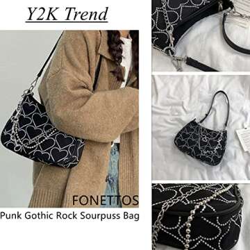 FONETTOS Punk Bag, Sourpuss Gothic Tote Purse Y2K Cool Style Trendy Women Shoulder Bags Rock Fashion Girls Handbag
