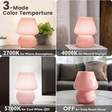 ULAROOM USB Plug-in Mushroom Lamp Small Bedside Table Lamp with 3 Temperature LED Bulb, Free Dimming Nights Light for Bedroom/Living Room/Entryway/Corner Decor (Stripe Pink)