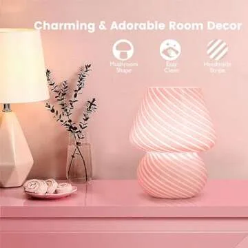 ULAROOM USB Plug-in Mushroom Lamp Small Bedside Table Lamp with 3 Temperature LED Bulb, Free Dimming Nights Light for Bedroom/Living Room/Entryway/Corner Decor (Stripe Pink)