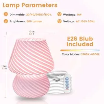 ULAROOM USB Plug-in Mushroom Lamp Small Bedside Table Lamp with 3 Temperature LED Bulb, Free Dimming Nights Light for Bedroom/Living Room/Entryway/Corner Decor (Stripe Pink)