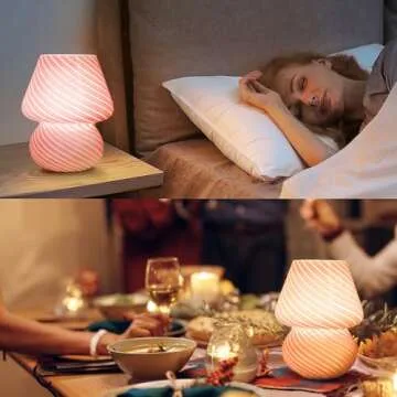 ULAROOM USB Plug-in Mushroom Lamp Small Bedside Table Lamp with 3 Temperature LED Bulb, Free Dimming Nights Light for Bedroom/Living Room/Entryway/Corner Decor (Stripe Pink)
