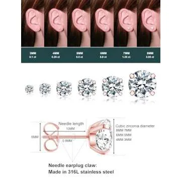 6 Pairs Stud Earrings Set, Hypoallergenic Cubic Zirconia 316L Earrings Stainless Steel CZ Earrings 3-8mm, Rose Gold (Rose gold)