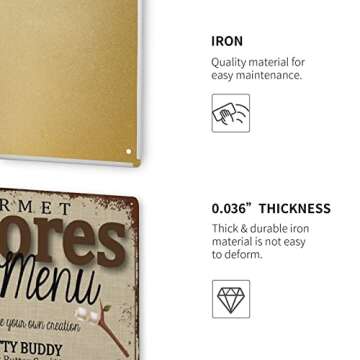 NAMEY S'Mores Bar Menu, S'Mores Sign, Camping Party, S'Mores Wedding Bar Vintage Tin Sign Metal Sign Retro Wall Decor for Home Cafes Office Store Pubs Club Sign Gift 12 X 8 Inch Plaque Tin Sign