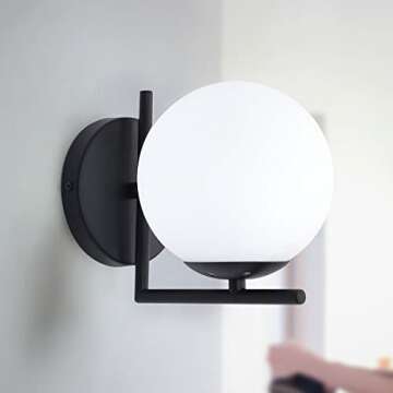 JAGEZ Wall Sconce Light with White Glass Globe, Matte Black Bathroom Light Fixtures, Mid-Century Mod...