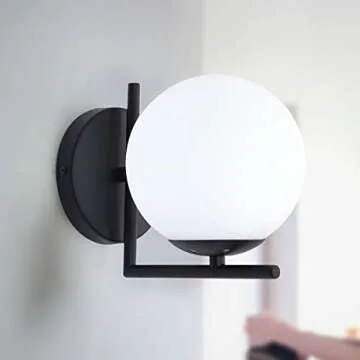 JAGEZ Wall Sconce Light with White Glass Globe, Matte Black Bathroom Light Fixtures, Mid-Century Mod...