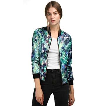 Allegra K Women's Winter Bomber Jacket Long Sleeve Stand Collar Zipper Floral Print Jacket with Pock...