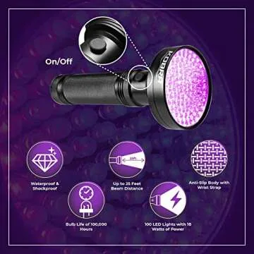 Kobra Black Light Flashlight 100 LED Lamp and Blacklight for Home & Hotel Inspection, Pet Urine & Stains - Ultra Intensity 18W 385-395nm LEDs Spot Counterfeit Money, Leaks, Scorpions (100 LED) (Black)
