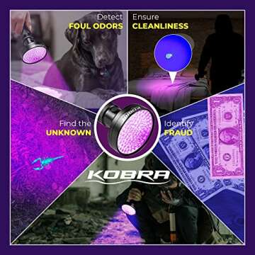 Kobra Black Light Flashlight 100 LED Lamp and Blacklight for Home & Hotel Inspection, Pet Urine & Stains - Ultra Intensity 18W 385-395nm LEDs Spot Counterfeit Money, Leaks, Scorpions (100 LED) (Black)