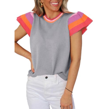 SHEWIN Womens Tops Trendy 2025 Casual Crewneck Shirts Cap Sleeve Lightweight Knit Pullover Sweaters ...