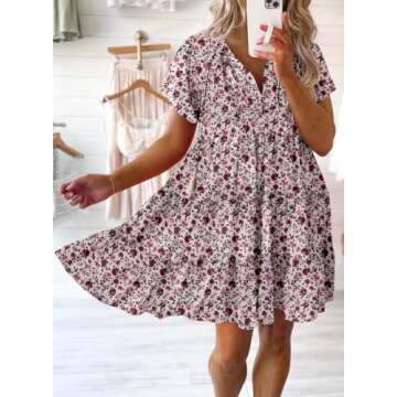 Dokotoo Women's Cute V Neck Flowy Babydoll Dresses Casual Floral Boho Mini Dress Drawstring Swing Su...