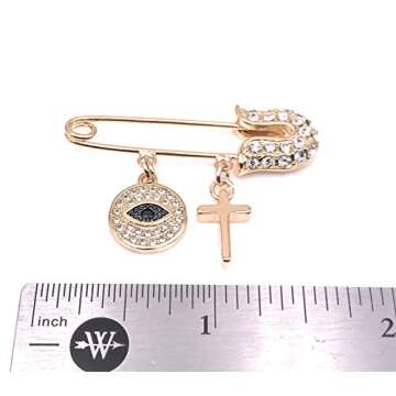 LESLIE BOULES Gold Plated Evil Eye & Cross Brooch Jeweled Safety Pin Jewelry