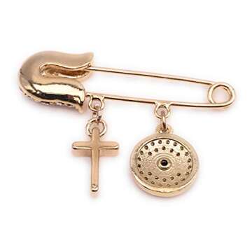 LESLIE BOULES Gold Plated Evil Eye & Cross Brooch Jeweled Safety Pin Jewelry