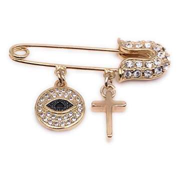 LESLIE BOULES Gold Plated Evil Eye & Cross Brooch Jeweled Safety Pin Jewelry