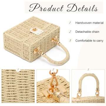 KUANG! Handwoven Rattan Bag for Women Woven Straw Square Crossbody Bag Vintage Basket Purse Beach Tote Bag