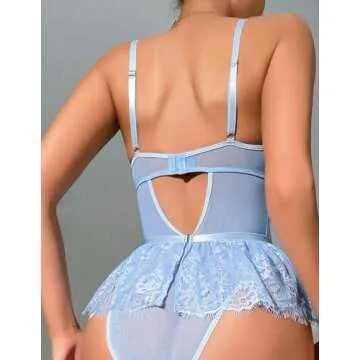 Alrovetoney Sexy Bodysuits Underwire Valentines Push Up Strappy Embroidered Mesh Sheer Lingerie Set See Through Stockings Heart Decor Blue XXL