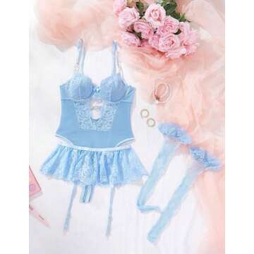 Alrovetoney Sexy Bodysuits Underwire Valentines Push Up Strappy Embroidered Mesh Sheer Lingerie Set See Through Stockings Heart Decor Blue XXL