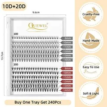 QUEWEL Cluster Lashes 240Pcs 10D+20D D Curl Mix8-14mm Lash Extensions Soft&Natural False Eyelashes Individual DIY Eyelash Extension at Home(10D+20D D MIX8-14)