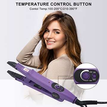 TopWigy Professional Hair Extensions Tool Hair Connector Fusion Heat Iron Connector Wand Temperature Adjustable Melting Tool with US Plug (Purple B-tip)