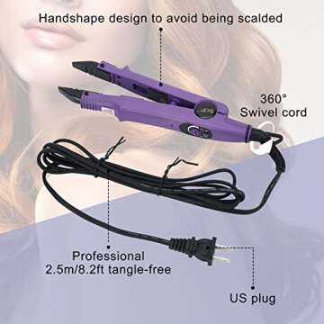 TopWigy Professional Hair Extensions Tool Hair Connector Fusion Heat Iron Connector Wand Temperature Adjustable Melting Tool with US Plug (Purple B-tip)