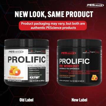 PEScience Prolific Pre Workout Powder, Sour Peach Candy, 40 Scoop, Energy Supplement with Nitric Oxide
