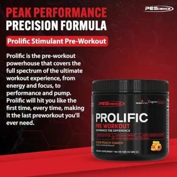 PEScience Prolific Pre Workout Powder, Sour Peach Candy, 40 Scoop, Energy Supplement with Nitric Oxide