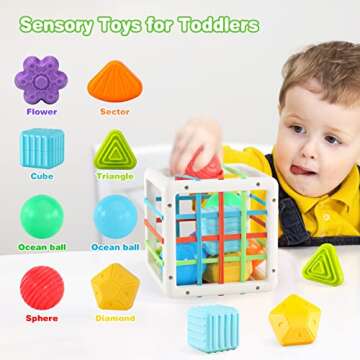 BOBBYBANG Montessori Toys for 1 2 Year Old Boy Girl,Baby Sorter Toy Colorful Cube and 8 Pcs Multi Sensory Shape, Learning Sensory Bin for 1 2 Year Old,Toys for 1-2 Year Old,Gifts for 10 Month and Up