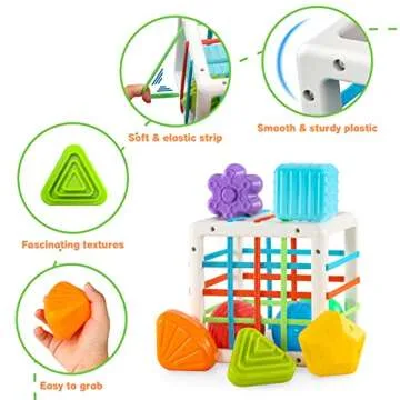 BOBBYBANG Montessori Toys for 1 2 Year Old Boy Girl,Baby Sorter Toy Colorful Cube and 8 Pcs Multi Sensory Shape, Learning Sensory Bin for 1 2 Year Old,Toys for 1-2 Year Old,Gifts for 10 Month and Up