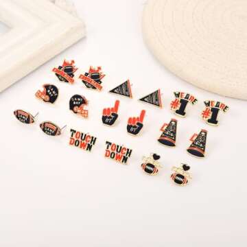 NLCAC 9 Pairs Football Stud Earrings for Women Game Day Football Helmet Touch Down Ear Stud Earrings Team Jewelry Navy Orange